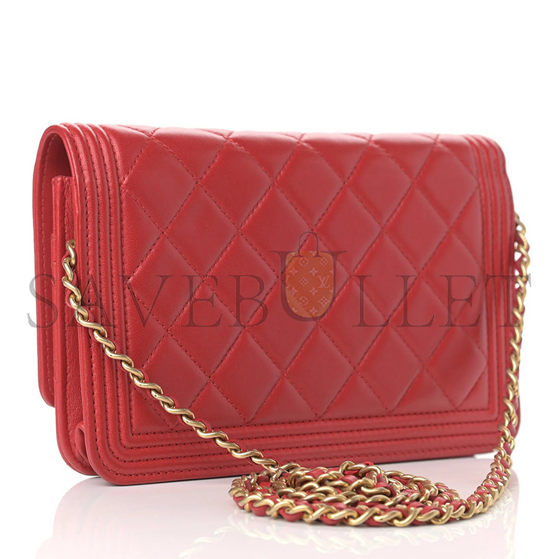 CHANEL LAMBSKIN QUILTED BOY WALLET ON CHAIN WOC RED (19*12.5*3.5cm)